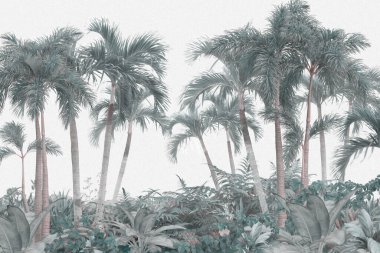 Tropik ağaçlar ve yapraklar duvar kağıdı tasarımı, yağlı boya etkisi