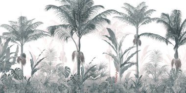 Tropik ağaçlar ve yapraklar duvar kağıdı tasarımı, yağlı boya etkisi