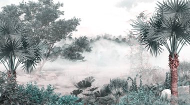 Tropik ağaçlar ve yapraklar duvar kağıdı tasarımı, yağlı boya etkisi