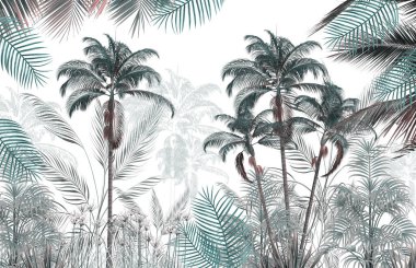 Tropik ağaçlar ve yapraklar duvar kağıdı tasarımı, yağlı boya etkisi