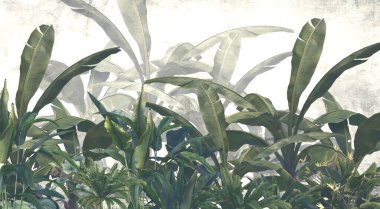 Tropik ağaçlar ve yapraklar duvar kağıdı tasarımı, yağlı boya etkisi