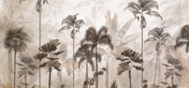 Tropik ağaçlar ve yapraklar duvar kağıdı tasarımı, yağlı boya etkisi