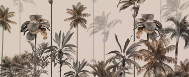 Tropik ağaçlar ve yapraklar duvar kağıdı tasarımı, yağlı boya etkisi