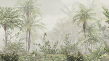 Tropik ağaçlar ve yapraklar duvar kağıdı tasarımı, yağlı boya etkisi