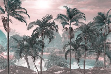 Tropik ağaçlar ve yapraklar duvar kağıdı tasarımı, yağlı boya etkisi