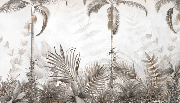 Tropiska Träd Och Blad Tapet Design Oljefärg Effekt — Stockfoto