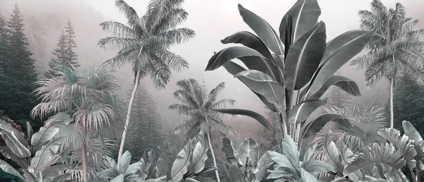Tropiska Träd Och Blad Tapet Design Oljefärg Effekt — Stockfoto