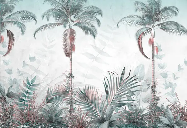 Tropiska Träd Och Blad Tapet Design Oljefärg Effekt Stockbild