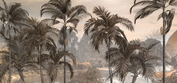 Tropik Ağaçlar Yapraklar Duvar Kağıdı Tasarımı Yağlı Boya Etkisi Stok Resim