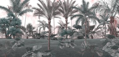 Tropik orman manzarası duvar kağıdı tasarımı - Duvar kağıdı - 3 boyutlu illüstrasyon