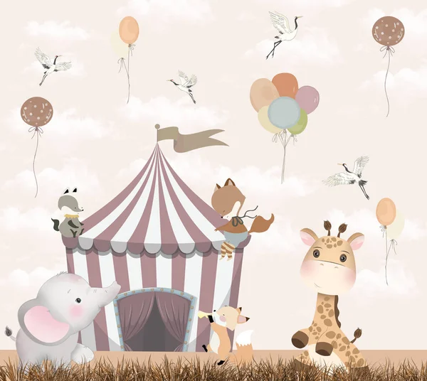 a circus with a giraffe, elephant, and other animals