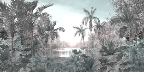 Tropik Orman Manzarası Duvar Kağıdı Tasarımı Duvar Kağıdı Boyutlu Illüstrasyon Telifsiz Stok Imajlar