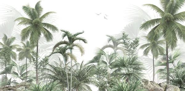 Tropisk Skog Landskap Tapet Design Mural Tapet Illustration Royaltyfria Stockfoton