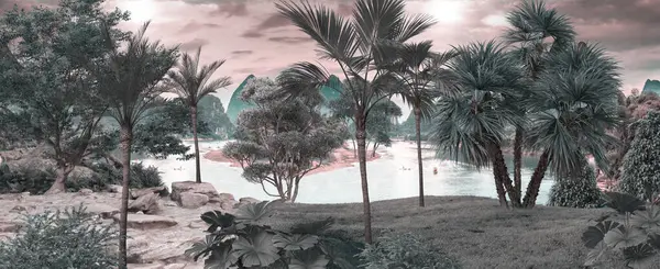 Tropik Orman Manzarası Duvar Kağıdı Tasarımı Duvar Kağıdı Boyutlu Illüstrasyon Stok Resim