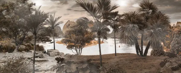 Tropik Orman Manzarası Duvar Kağıdı Tasarımı Duvar Kağıdı Boyutlu Illüstrasyon - Stok İmaj
