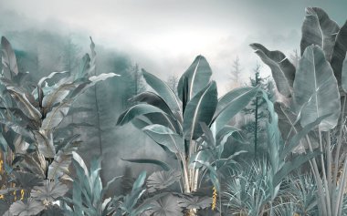 Tropik orman manzarası duvar kağıdı tasarımı - Duvar kağıdı - 3 boyutlu illüstrasyon