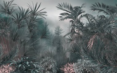 Tropik orman manzarası duvar kağıdı tasarımı - Duvar kağıdı - 3 boyutlu illüstrasyon