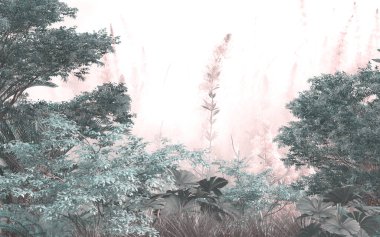 Tropik orman manzarası duvar kağıdı tasarımı - Duvar kağıdı - 3 boyutlu illüstrasyon