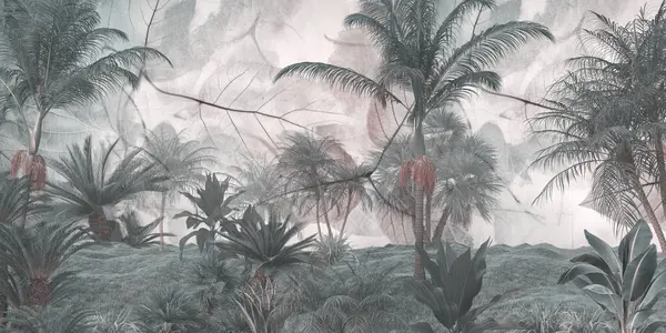 Tropik Orman Manzarası Duvar Kağıdı Tasarımı Duvar Kağıdı Boyutlu Illüstrasyon Telifsiz Stok Fotoğraflar