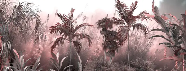 Tropik Orman Manzarası Duvar Kağıdı Tasarımı Duvar Kağıdı Boyutlu Illüstrasyon - Stok İmaj