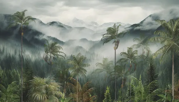 Tropik Orman Manzarası Duvar Kağıdı Tasarımı Duvar Kağıdı Boyutlu Illüstrasyon Stok Fotoğraf