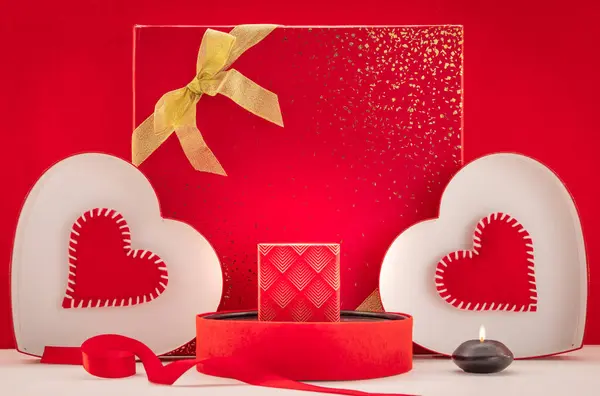 Valentijnsdag Behang Met Een Geschenkdoos Harten Romantische Compositie Voor Valentijnsdag — Stockfoto
