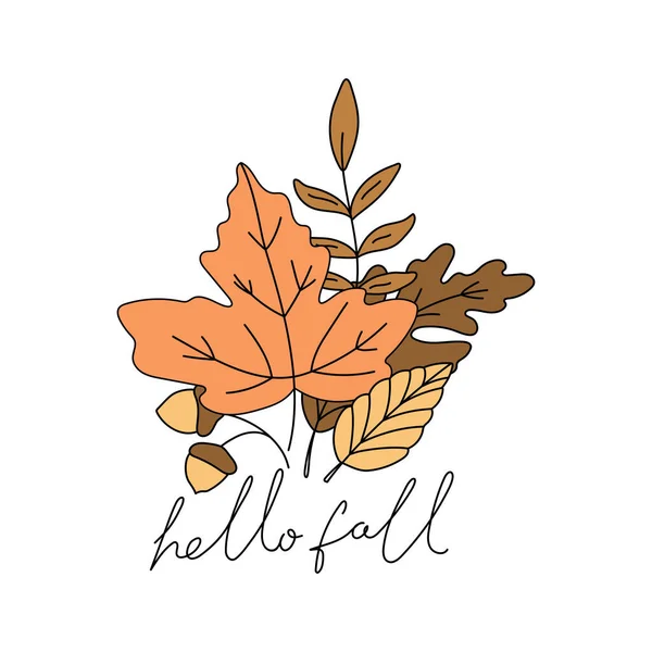 Осенние Листья Желуди Ручная Надпись Hello Fall Листья Дуба Клена — стоковый вектор