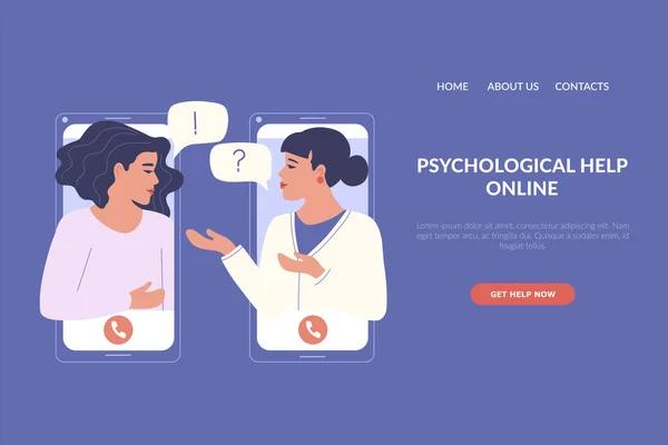 Kız telefonunu kullanarak profesyonel bir psikologla konuşuyor. Online terapi konsepti. Sitenin ana sayfası için pankart, uygulama veya basılı ürünler. Vektör illüstrasyonu.