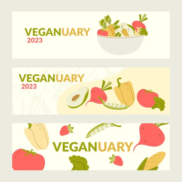 VeganJanuary 2023 temalı vektör pankartları. Hayvan ürünleri tüketimini azaltır. Yeme alışkanlıklarını vejetaryen diyetine, vejetaryen ay tanıtım posterine çevirmek..