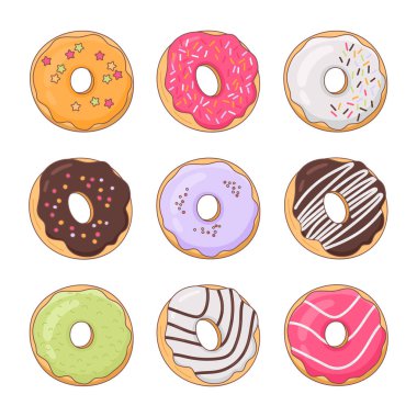 Donuts. Colorful set of donuts with different icing on a white background. Ideal for decorating cafes, menus, delivery boxes. Vector.