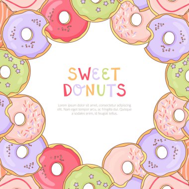 Bright and colorful donut frame with icing and sprinkles. In the middle of the frame, you can specify the desired inscription. Suitable for menu design, cafe decoration, delivery box, t-shirt, fabric, textile.