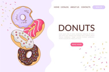 Stylish vector illustration with donuts in multicolored glaze. Illustration for culinary or business items. Ideal for Web page design template, online store.