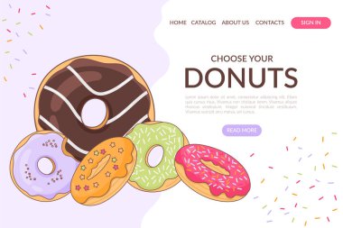 Internet concept of building a donut shop. A set of colorful donuts with multi-colored icing. Perfect for a bakery or pastry shop website. Vector illustration.