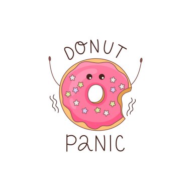 Donut paniği. Donut karakterinin vektör çizimi. Panik yapma. Çizim tarzında bir ilüzyon. Kafe, fırın veya üreticinin web sitesi, çıkartmalar, kartpostallar, afişler veya posterler için mükemmel.