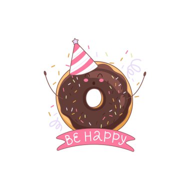 Mutlu ol - çizim tarzında bir çörek karakterinin vektör çizimi. Kafe, fırın ya da üreticinin web sitesi için mükemmel. Çıkartmalar, kartpostallar, afişler ve posterler için ideal.