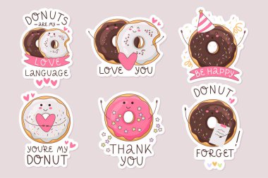 A set of cute stickers with donuts. Vector illustration of a donut character in doodle style. Collection for diary, diaries, scrapbooking isolated. These stickers are perfect for use in your bullet journal, planners, scrapbooking, postcard making