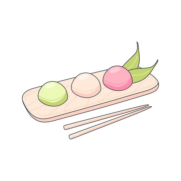 Mochi Japon geleneksel tatlısı. Mochi seti. Japon Asya tatlıları. Yemek pişirme, menü, afiş, tatlı yemek, tatlı konsepti. Çizim biçimi, vektör çizimi.