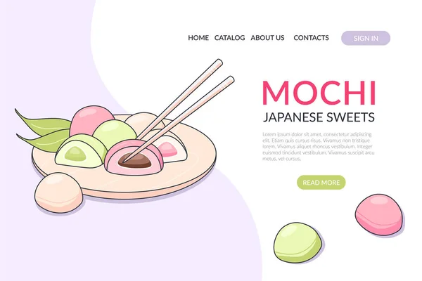 Hafif arka planda tatlı mocha ile Web Sayfası. Geleneksel Japon Asya tatlıları. Pankart, web sitesi, reklam, menü. Karalama biçiminde vektör illüstrasyonu