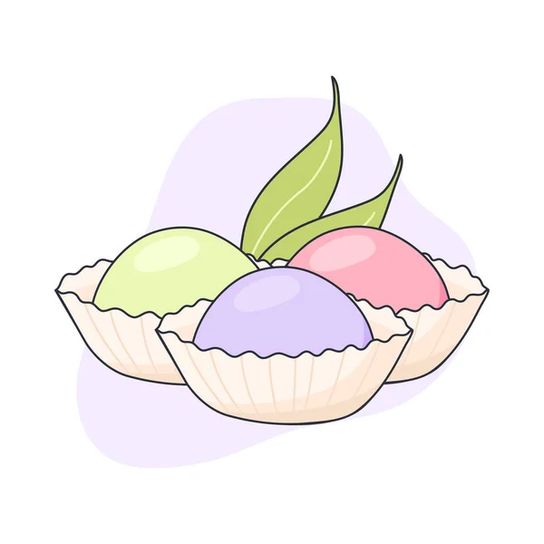 Mochi Japon geleneksel tatlısı. Japon Asya tatlıları. Sağlıklı beslenme, yemek pişirme, menü, afiş, tatlı yemek, tatlı konsepti. Çizim biçimi, vektör çizimi.