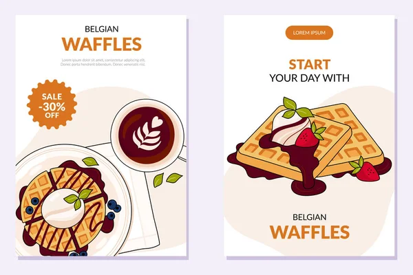 Renkli Belçika waffle 'ları olan posterler. Arka planda farklı waffle 'lar var. Özel fiyat. Karalama tarzında vektör illüstrasyonu. Pankart, reklam, reklam, kart, kapak, poster.