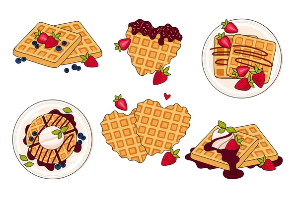 Farklı Belçika waffle 'ları. Karalama tarzında vektör illüstrasyonu. Sağlıklı beslenme, yemek pişirme, kahvaltı menüsü, tatlı, yemek tarifleri. Pankart, web sitesi, poster, menü, reklam için mükemmel.