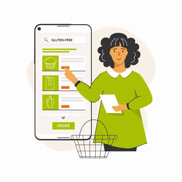 Alışveriş listesi tutan ve glütensiz ürünleri arayan bir kadın. Akıllı telefondaki kadın ürünleri seçer, online mağazada, web sitesinde, uygulamalarda sipariş verir. Glütensiz beslenme, diyet yeme, yemek planlama, beslenme konsu kavramı