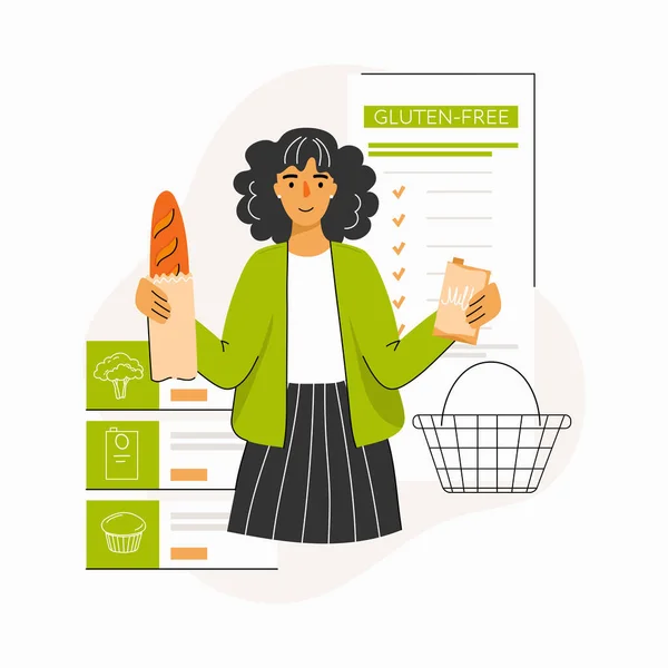 Kobieta Wybiera Produkty Bezglutenowe Pojęcie Diety Bezglutenowej Żywienia Planowania Posiłków — Wektor stockowy
