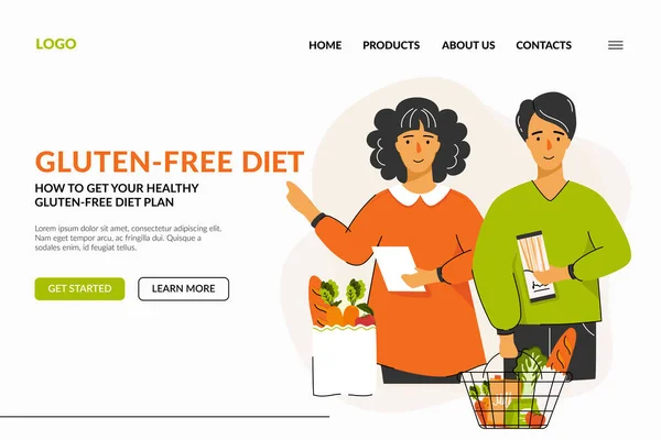 Glütensiz diyetle ilgili bir web sitesi. Bir çift diyet planı olan yiyecekleri seçiyor. Glütensiz diyet, diyet yemeği, yemek planlaması, sağlık ve alışveriş kavramı. Vektör illüstrasyonu