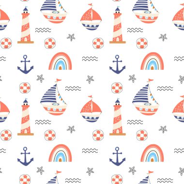 Elle çizilmiş yelkenli yatları, deniz fenerleri ve çapaları olan kusursuz bir vektör deseni. Kumaş tasarımı için parlak yaz arkaplanı. Çocuklar için tasarım