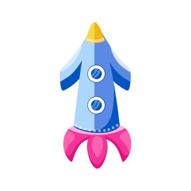 Uçan roket beyaz arka planda izole edilmiş. Çocuk moda kumaşları, tekstil grafikleri, parmak izleri için şirin bir tasarım. Vektör illüstrasyonu