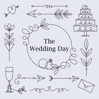 Arka plandaki düğün tasarımı için ayarlandı. Çerçeve ve elementler Karalama biçiminde vektör resmi