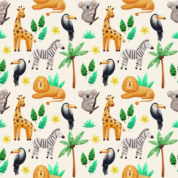 Şirin vahşi hayvanlarla kusursuz bir düzen. Ormandaki hayvanlar. Zürafa, zebra, koala, aslan, tukan ve yapraklar. Tekstil, kumaş, kıyafet ve oda dekorasyonu