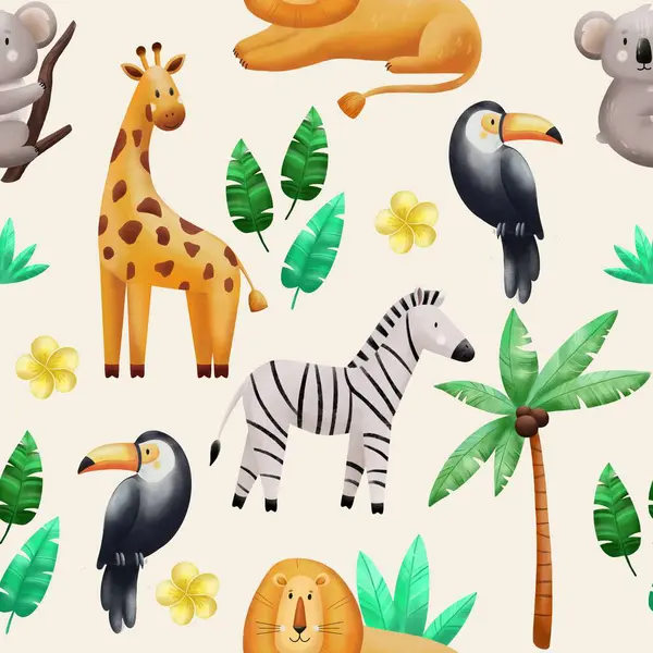 Şirin vahşi hayvanlarla kusursuz bir düzen. Ormandaki hayvanlar. Zürafa, zebra, koala, aslan, tukan ve yapraklar. Tekstil, kumaş, kıyafet ve oda dekorasyonu