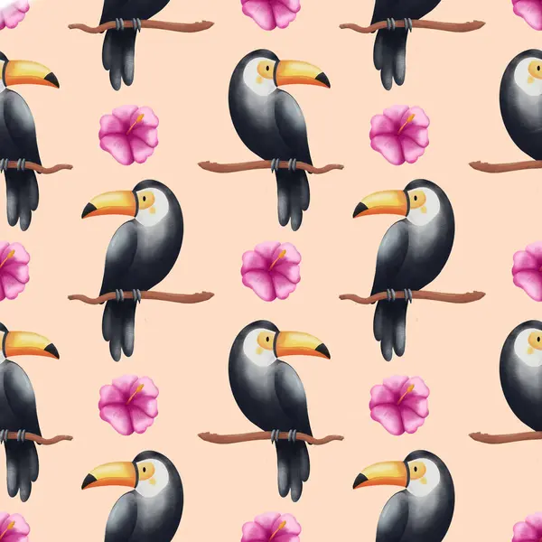 Naadloos Patroon Met Schattige Toekan Bloemen Illustratie Voor Kinderkleding Kamerdecoratie — Stockfoto